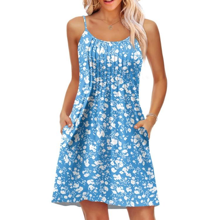 Vintage Floral Print Casual Summer Dress for Women with Adjustable Spaghetti Straps and Pockets Beach Vacation Fashion Dress