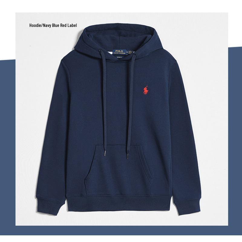 Men's Autumn/Winter Ralph Lauren Embroidered Logo Hooded Sweatshirt with Velvet Lining and Zipper.