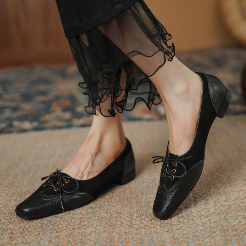 2024 Retro Women Pumps Square Toe Low Heels Casual Working Shoes Woman Spring Summer Genuine Leather Office Lady Women Loafers