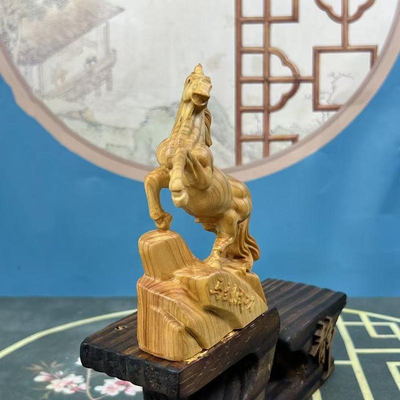 wood carving Zodiac Horse Animal figurine decoration Solid wood carving Home Living Room Office Wealth Luck Feng Shui Decor