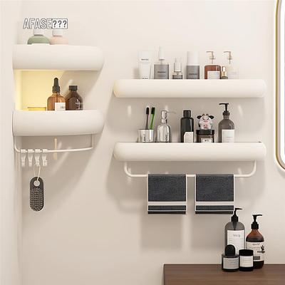 No-Drill Cream Bathroom Shelf: Wall-Mounted Storage Rack for Vanity & Toilet