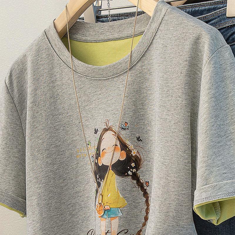 Dam T-shirt med tecknad tryck och kontrastrund hals