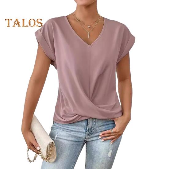 Dámské topy s výstřihem do V, s krátkým rukávem, s mačkaným designem, tričko jednobarevné, volného střihu, s křížovým plisováním, pro každodenní nošení