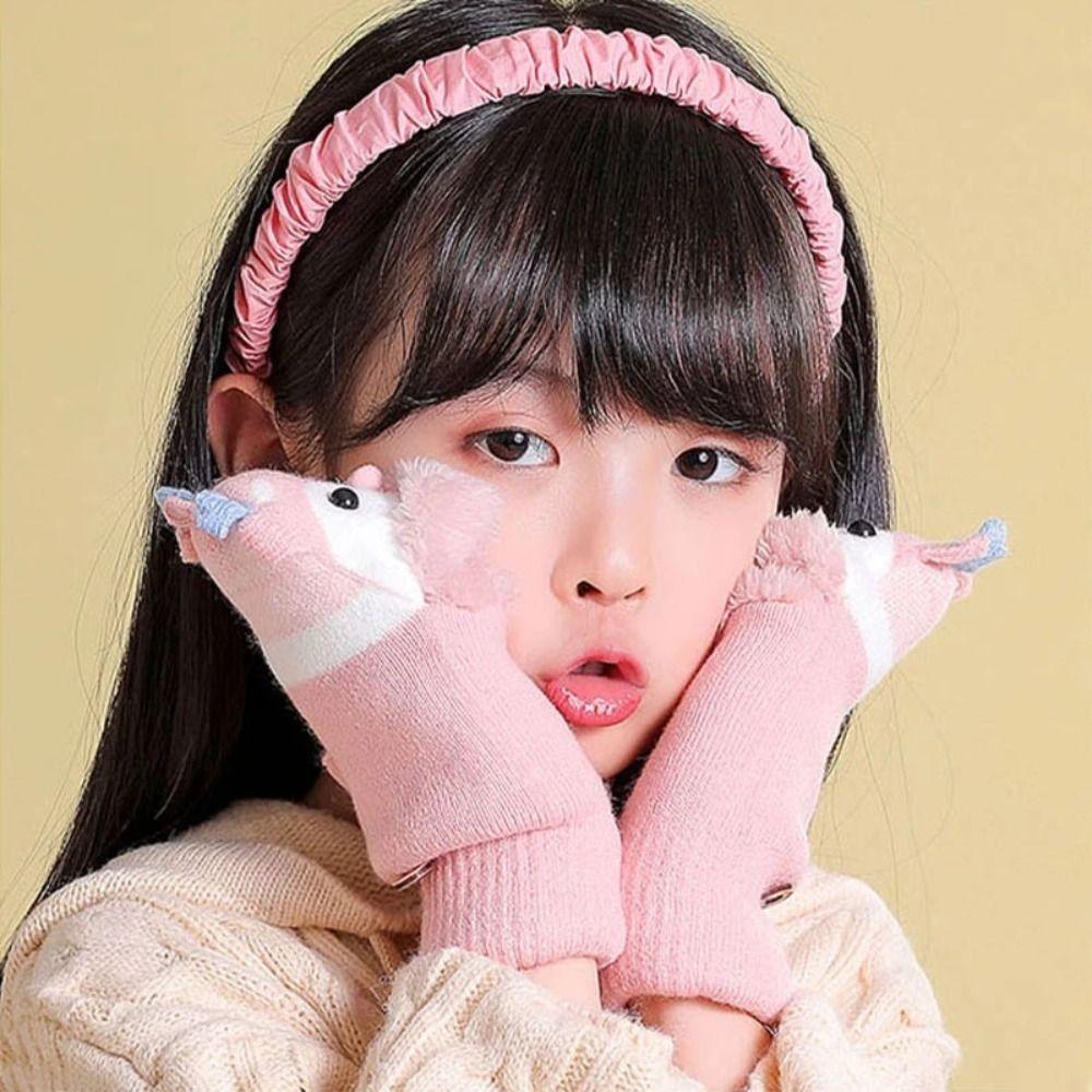 Korean Style Reindeer Plush Gloves Winter Mittens Half Finger Knitted Gloves  Winter