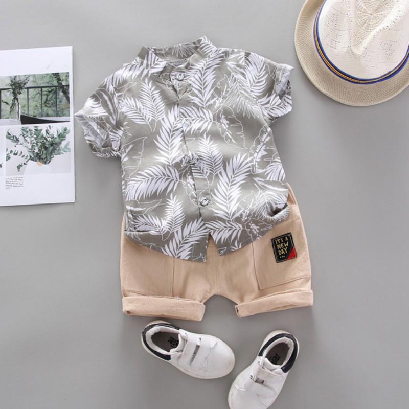 Sommer Barn Baby Gutter Kortermet Løv Mønster T-skjorte Bluse+Shorts Uformelle antrekk sett