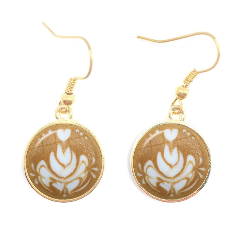 Coffee Latte Carving Love Heart Art Drop Earrings Chocolate Printing Flower Charm Jewelry For Women Gift Wholesale