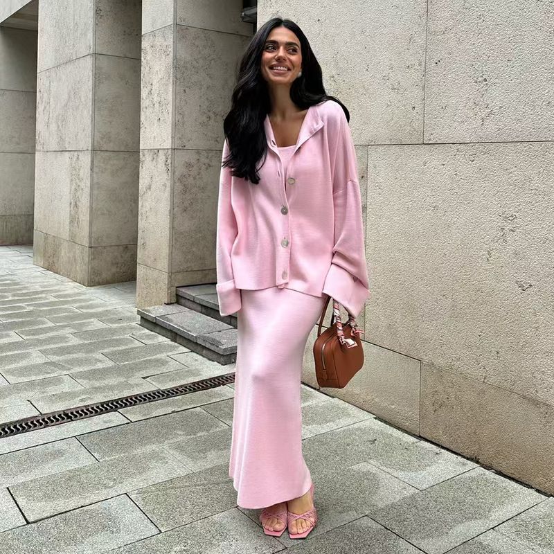 

Вязаный свитер в западном стиле + Ками + Юбка Вязаный комплект из трех предметов Pink 3-piece set S