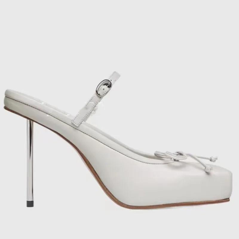 Fashion Square Toe Bow Ballet High Heels Female 2024 Spring and Summer New Shallow Mouth Slipper Sandals Zapatos Mujer Female Zapatos