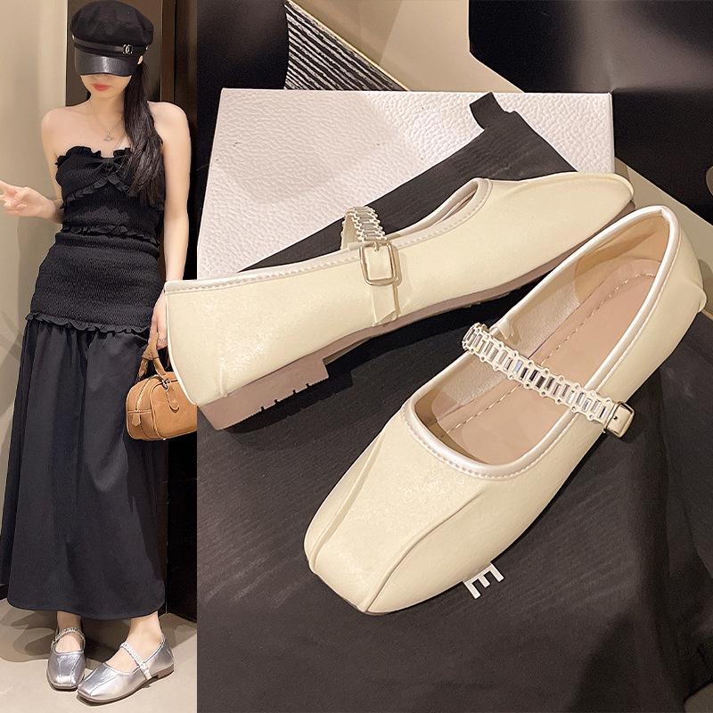 French rhinestone flat Mary Jane shoes women's summer and autumn new square head shallow mouth single shoes women's beanie shoes