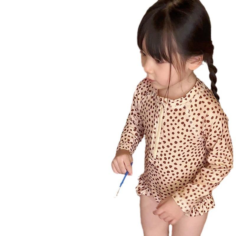 Korean Style Leopard Print Long Sleeve One-Piece Swimsuit for Girls