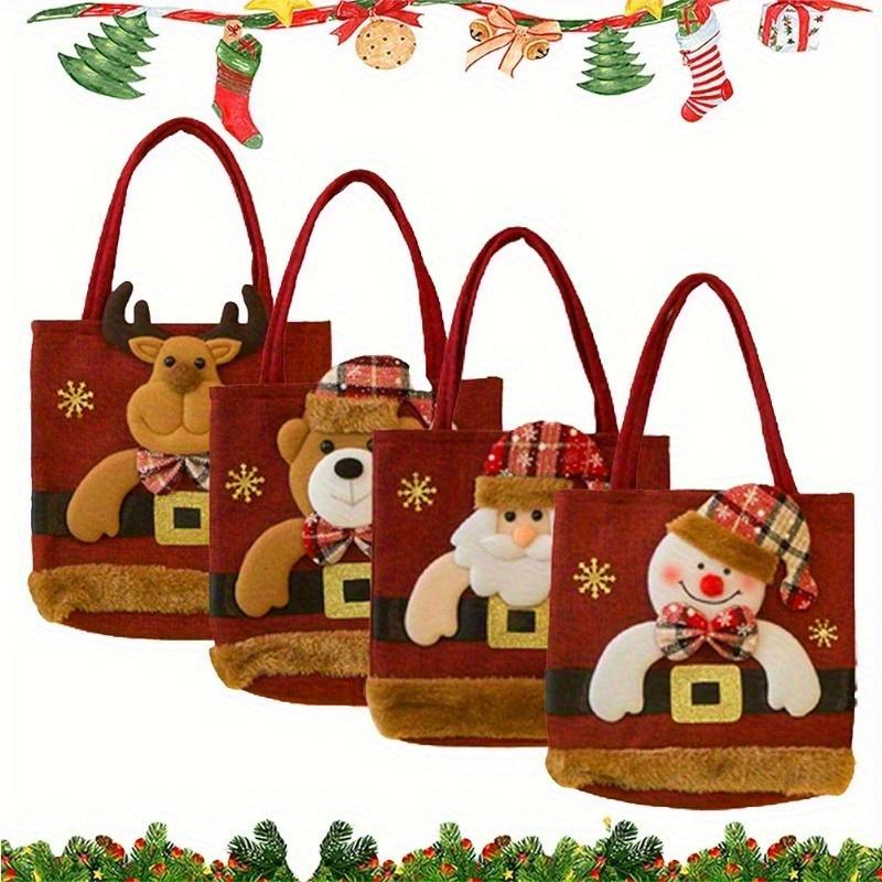 4pcs Festive Christmas Gift Doll Bags - Red&Golden Knitted Storage Treats with Santa, Snowman,Deer Designs,Christmas Accessories