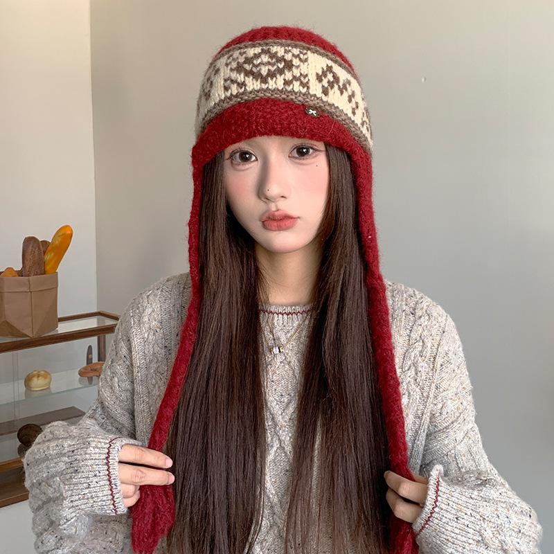 Fair Isle Knitted Hat Women's Autumn and Winter Thickened Warm Woolen Hat Outdoor Travel Cold Protection Ear Protection Lei Feng Hat Trend