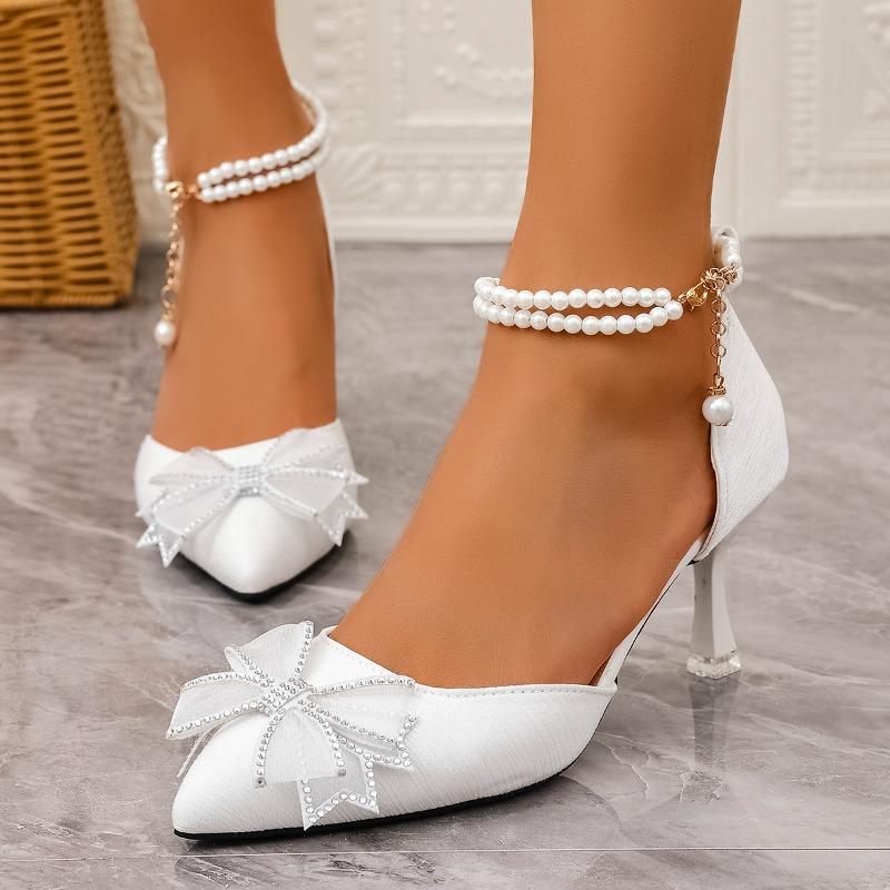 Fashion New High Heel Girl Wedding Shoes Summer New Bow Pearl Chain Bridesmaid with Skirt French Pointed Toe Single Shoes