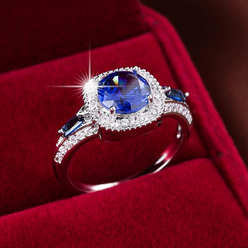 Luxury Simulated Emerald and Zirconia Ring - High-End European and American Style Size 9 синий/серебряный