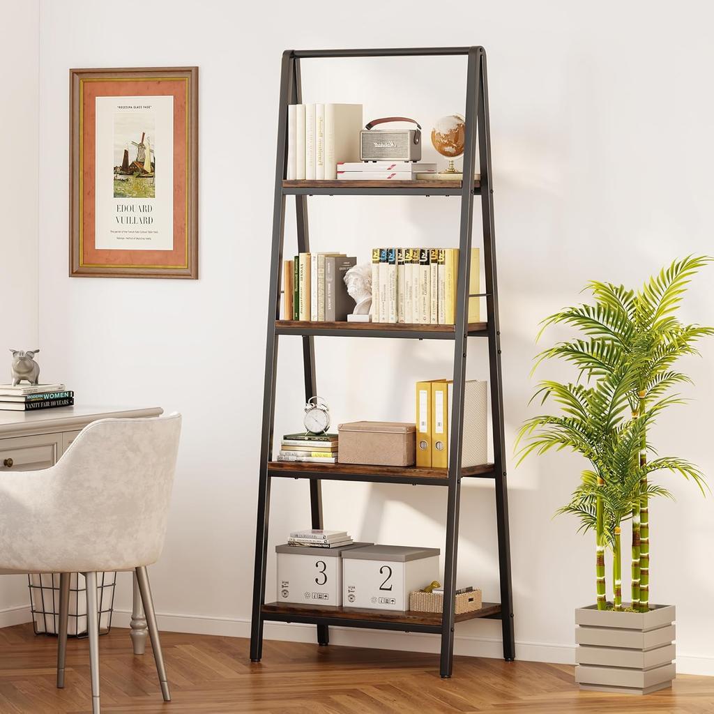 YIJIALEA Ladder Shelf, 4-Tier Leaning Ladder Bookshelf, Rustic and Wood Ladder Shelf Bookcase, Industrial Ladder Shelf Storage Rack for Home Office,