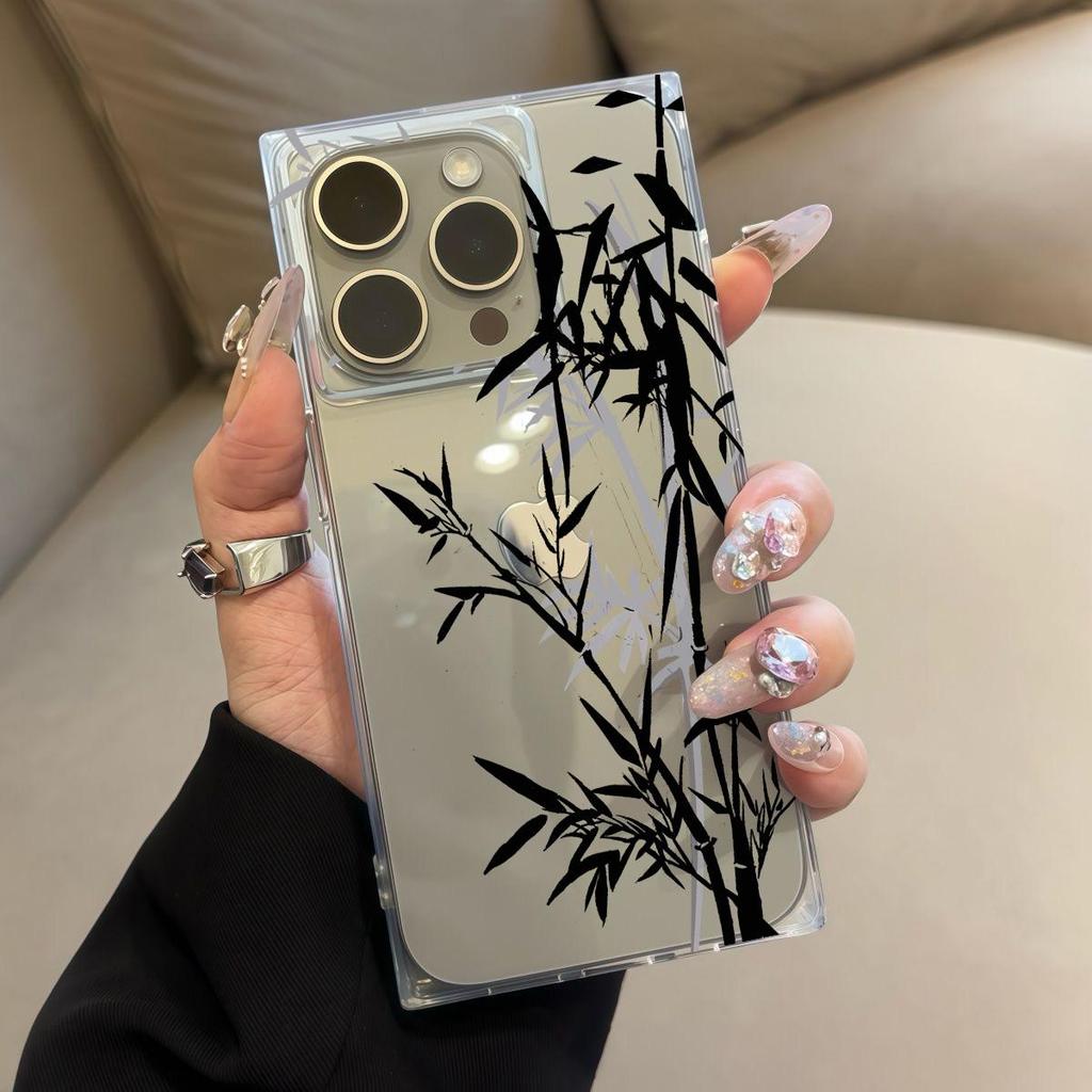 Transparent Square Back Tube Case Casing Protection For iPhone 15 Plus 11 14 Pro Max 16 ProMax 13 12 Anti-Oxygen,Ink bamboo Pattern