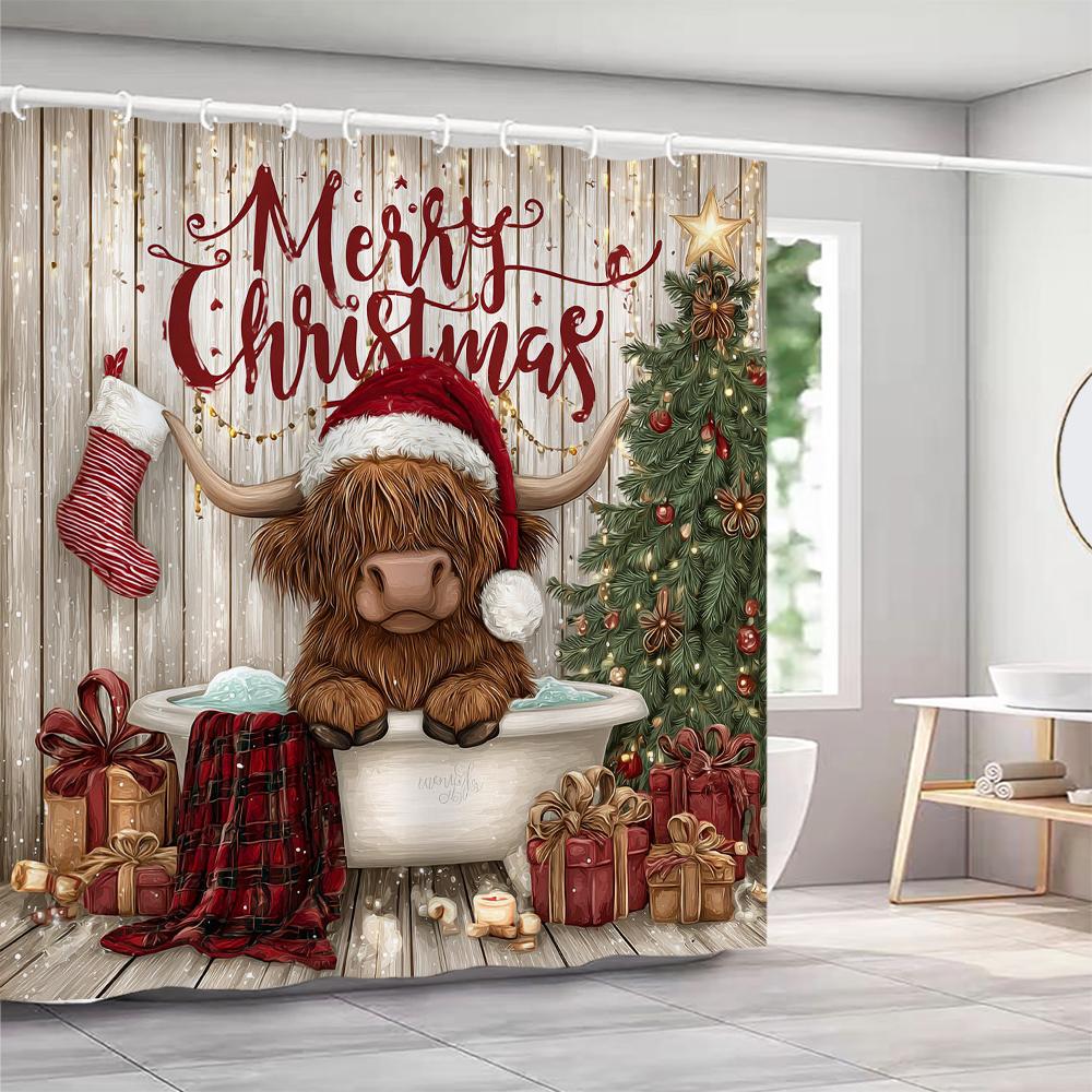 Christmas Shower Curtain, Bathroom Decorative Christmas Highland Cattle Shower Curtain, Waterproof Shower Curtain with Hooks