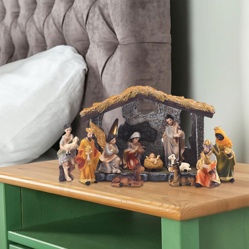 1 Set Christmas Nativity Figurines with Light Religious Resin Nativity Scene Manger Figurine Tabletop Sculpture Ornament