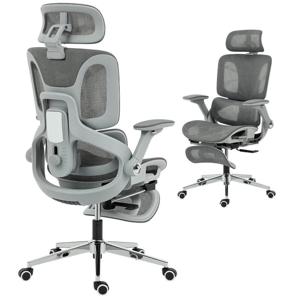 Office Chair, Ergonomic, 4D Armrests, Adjustable Headrest and Seat Depth, Grey Mesh
