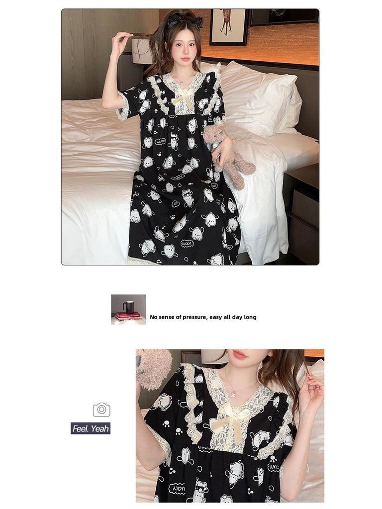 Słodka, letnia koszula nocna w stylu księżniczki z kreskówek, duży rozmiar, krótki rękaw, średnia długość