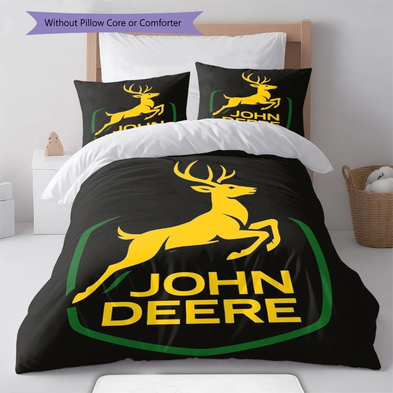Cervo Giallo Logo John Deere Sfondo Nero Stampa Set Copripiumino 3 Pezzi Trattore Agricolo Biancheria da Letto Camera da Letto Decorazione Casa Senza Federe Piumino