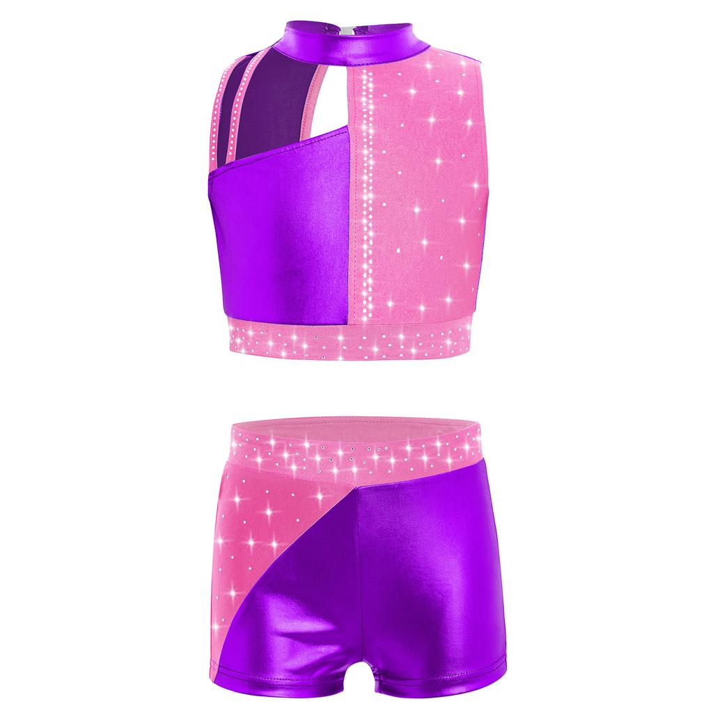Top Corto da Ragazza con Strass Collo Alto Senza Maniche Blocco di Colore Metallizzato Pantaloncini Outfit Danza Ginnastica