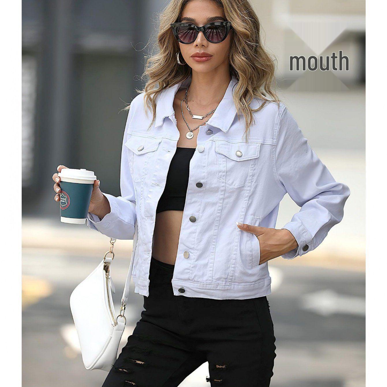 

Женская джинсовая куртка-бомбер приталенного кроя 2025 года, европейская и американская, с отложным воротником и карманами XL белый