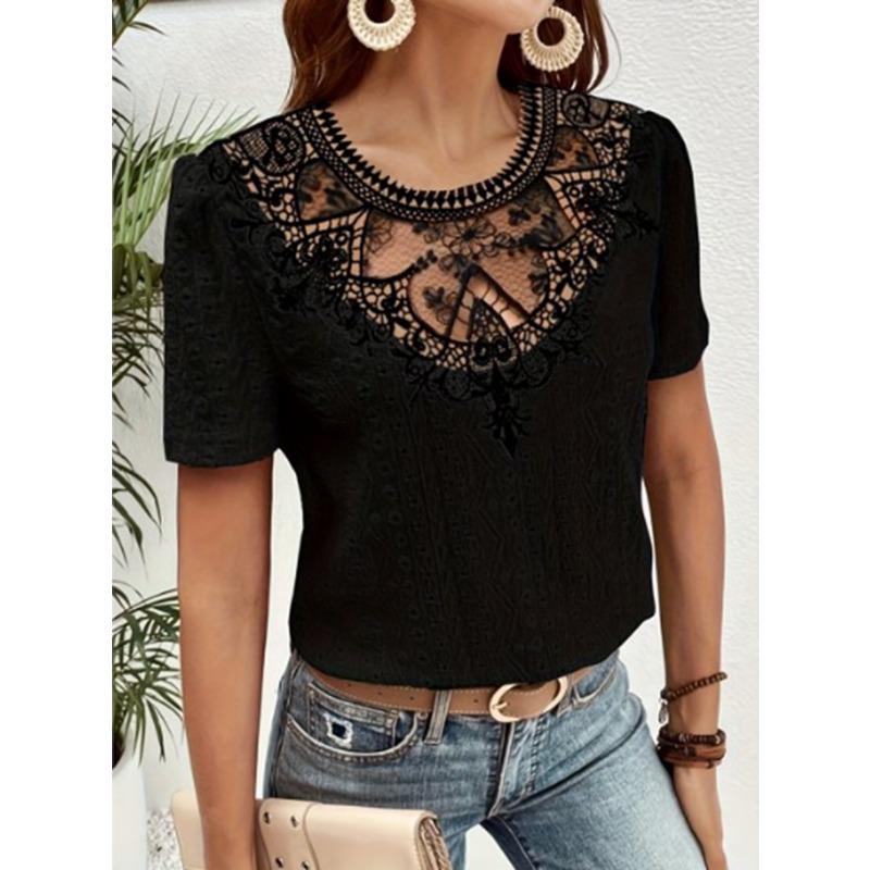

Летние кружевные лоскутные полые блузки и рубашки женские с круглым вырезом и короткими рукавами, однотонные S