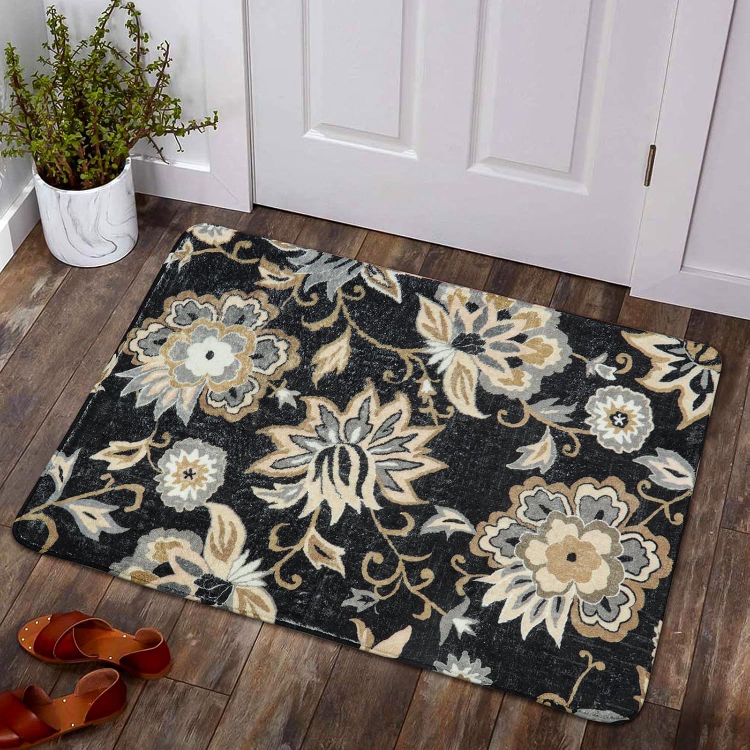 

Lahome Floral Washable Living Room Area Rug - 3x5 Non-Slip Low-Pile Rugs for Entryway, Throw Small Stain Resistant Kitchen Rugs 40x60cm