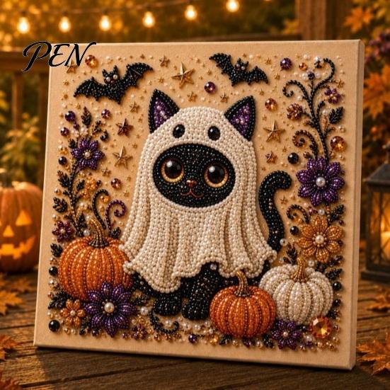 Sparkling Faux Pearl Craft Set Halloween Art Kit, Cute Ghost Skeleton Painting 3d Mosaic for Adults DIY 3D Kit Adults, Fall Home Decor Cozy