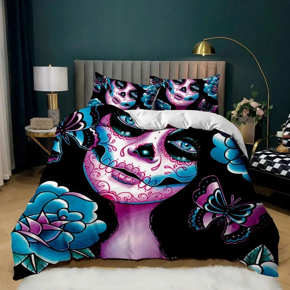 Red Rose Skull Queen Floral Skull Traditional Print Halloween Double Queen King Size Soft Polyester Duvet Cover Set