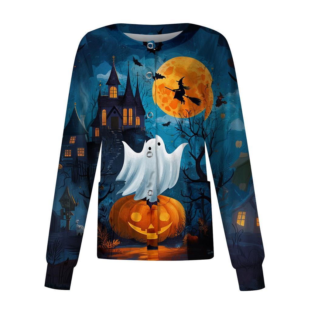 Womens Casual Long Sleeve Cardigan Halloween Print Button Front Lightweight Open Front Pullover Top for Caregivers Workwear