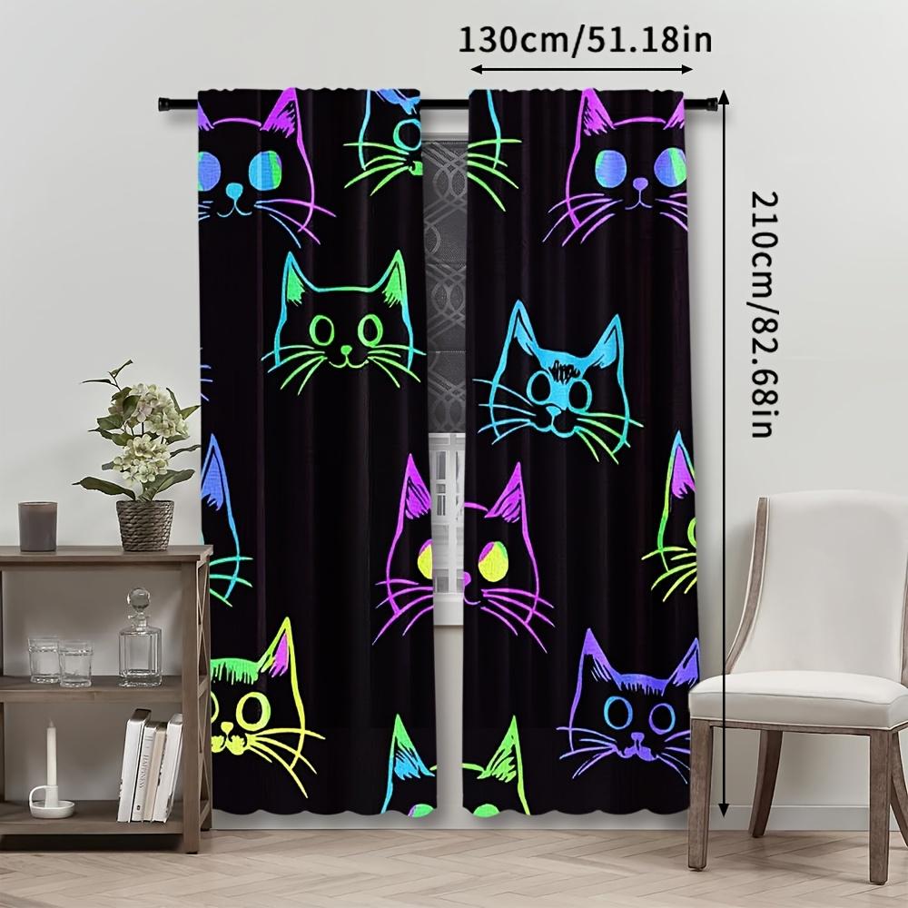 Set Of 2 Fluorescent Cat Print Curtains Installation Polyester Drapes Bedroom Living Room Curtain Sheer For Great Made With Rod Pocket