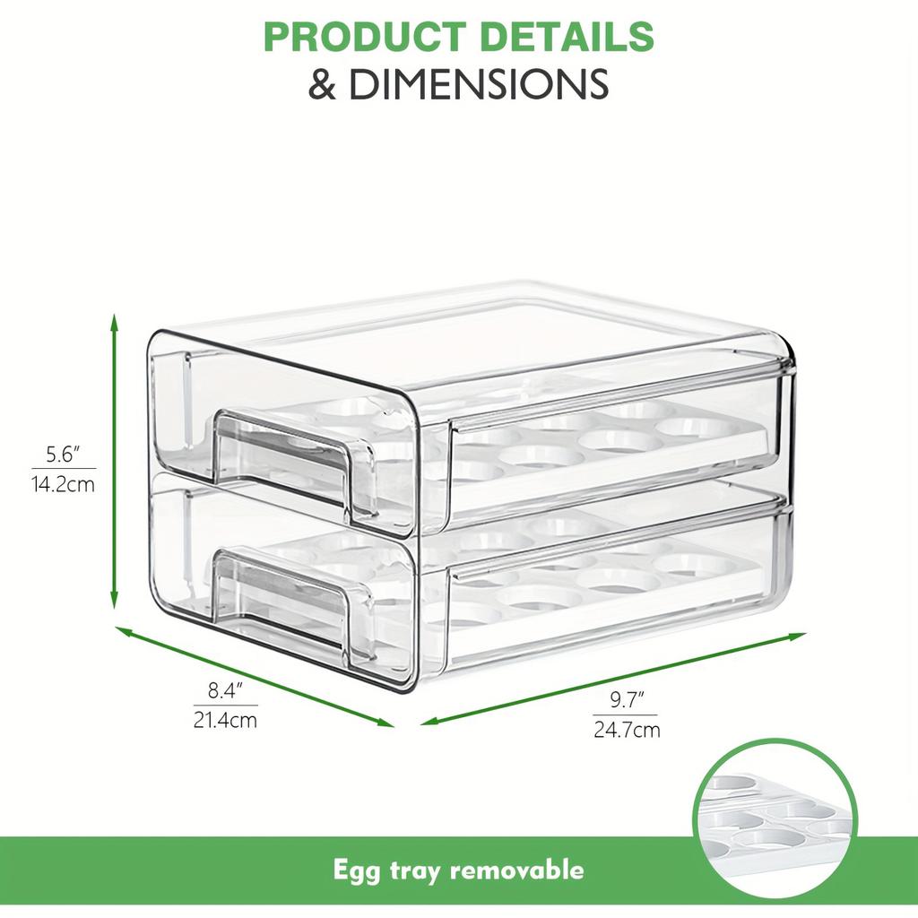 1pc Large Capacity Egg Holder for Refrigerator - Clear Double Layer Drawer Type  Box with Removable Egg Tray and Drain Tray