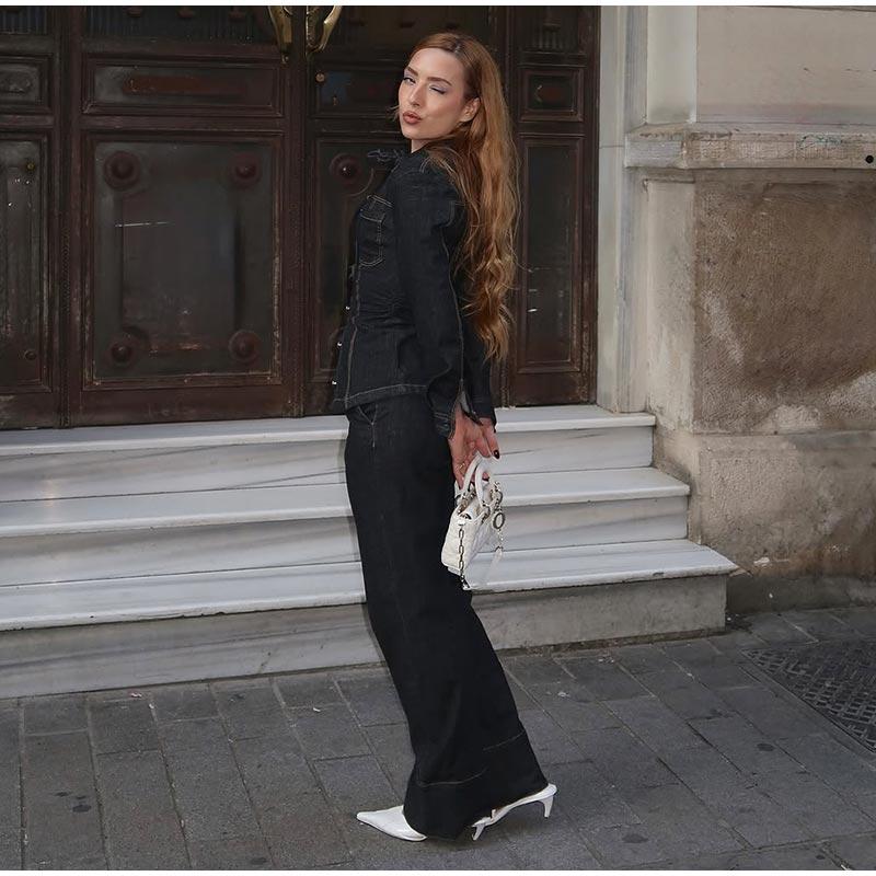 Elegant Denim Solid Color Top Pants Set Women Lapel Single Breasted Pockets Jacket Straight Loose Jeans 2025 Spring Street Fashion Set