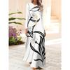 Women's Long Sleeve Floral Print Dress for Spring and Fall Black and White A-Line Casual Midi Dress with Round Neck and
