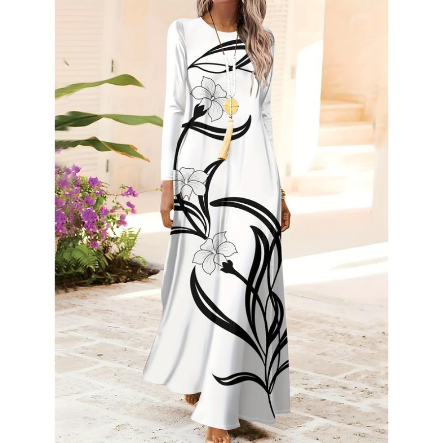 Women's Long Sleeve Floral Print Dress for Spring and Fall Black and White A-Line Casual Midi Dress with Round Neck and