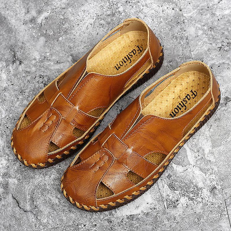 Summer Split Leather Men Sandals Outdoor Slides Handmade Men Slippers Breathable Beach Sandal Men's Leisure Shoes Zapatos Hombre