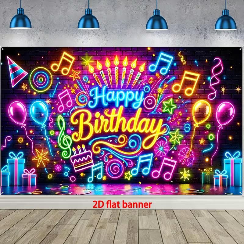 

Неоновый баннер на день рождения, С днем рождения с нотами и шарами для празднования Glow Party 47.2x31.5inch/120*80cm