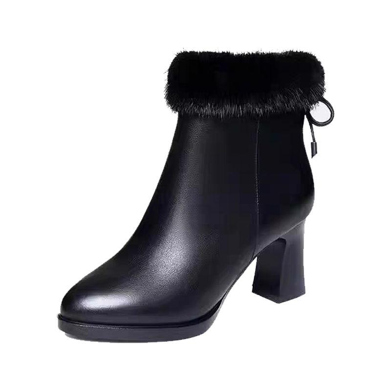 Women's Shoes  Trend Autumn Winter Soft Leather Fluffy High Heels Faux Fur Ankle Boots for Woman Fashion Boot
