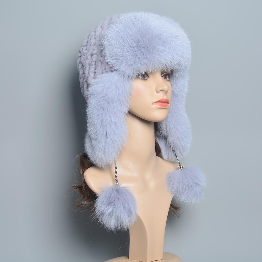 

Зимняя шапка для женщин, теплая, из натурального меха кролика Рекс, вязаная шапка с ушами, сшитая вручную, модная шапка-бомбер 52-60cm