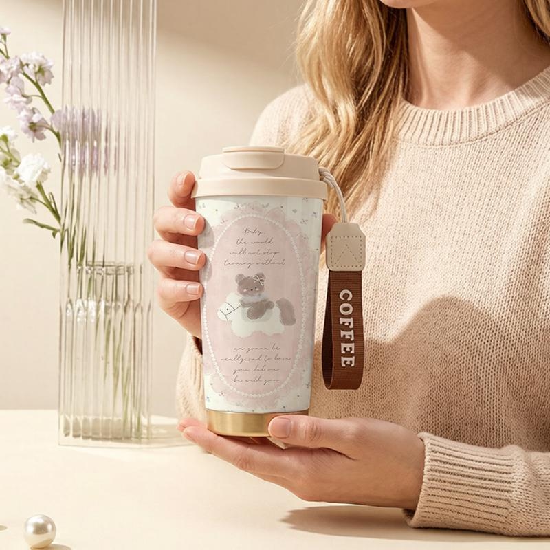 Coffee Mug 532ml Floral Oval Carousel Bear Elements Lanyard Insulated Cup Car Cup Heat Proof Travel Cup Large Capacity Cup Hot Cold Cup