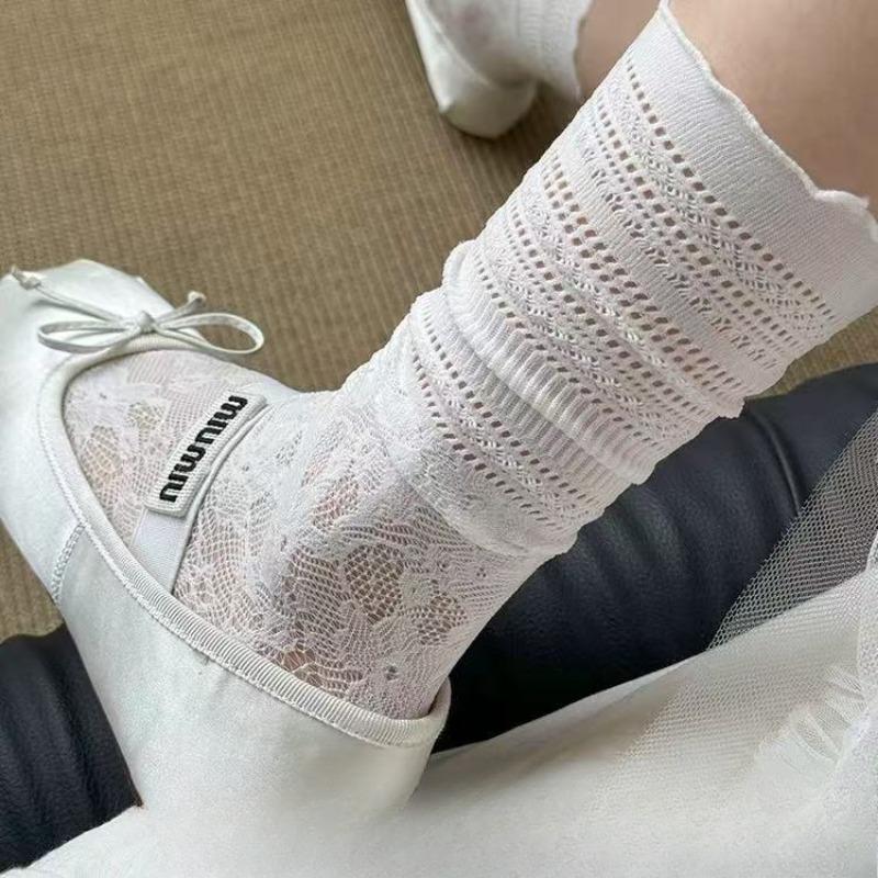 Damen Sommer Dünne Spitze Ballett Stil Spitze Baumwolle Mittelrohr Plüschsocken