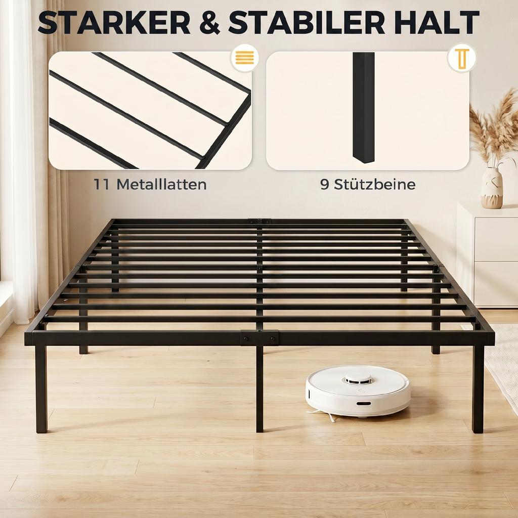 Struttura Letto, 140 x 200 cm Letto in Metallo con Spazio Sotto il Letto, Struttura in Metallo con Base a Doghe, Non Richiede Rete a Molle
