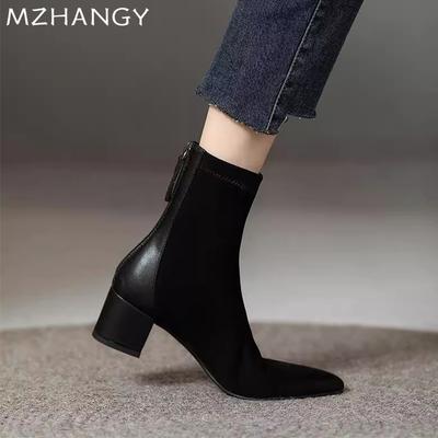 Damen Spitz Zehen Knöchel Stiefel Wildleder Sexy Mittelhoch Elegant Schuhe Klobig Frau 2024 Trend Schnee Chelsea Stiefel Pumps Mujer Stiefel