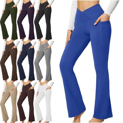 Fashion Women Solid Fitness Leggings High Elastic Waist Pocket  Sexy Slim Flared Pants Lady Sport Workout Streetwear Pants