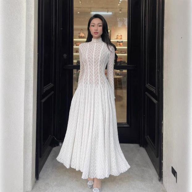 Spot - Spring and Summer Explosive Temperament Solid Color Stand-Up Neck Long Sleeve Lace Dress Umbrella Dress Long Dress