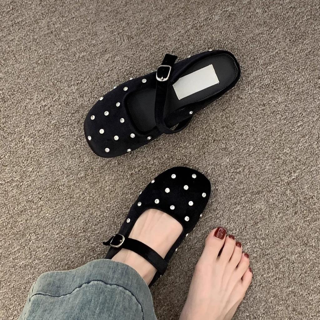 Baotou half slippers women's summer wear rhinestones gentle ballet flat Mary Jane single shoes