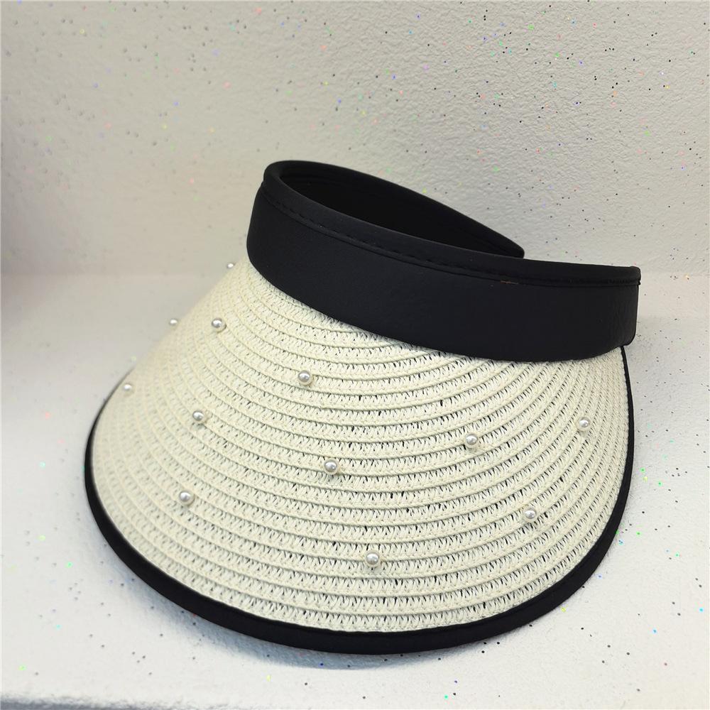 Summer outdoor sunscreen hat children fashion high sense pearl large brim straw hat seaside beach sunshade empty top hat