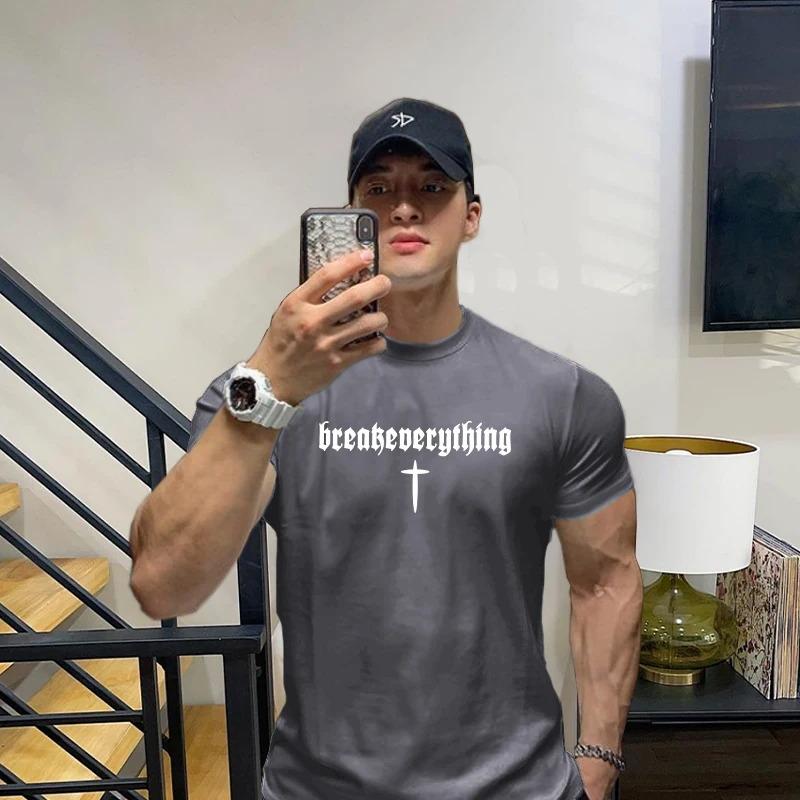 

Fitness Short Sleeved Mens Sports Training Tshirt Summer Sweatwicking Fashion Brand Instagram Casual Clothing 4XL